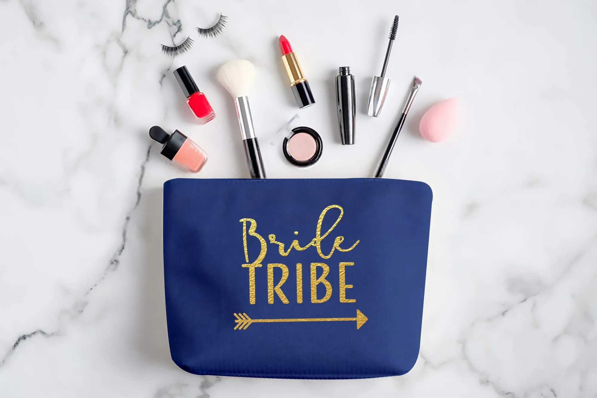 6 Piece Set | Navy Blue Bride Tribe Canvas Cosmetic Makeup Clutch Gifts Bag for Bridesmaid Proposal Box & Bridesmaids Bachelorette Party Favors 6 Count