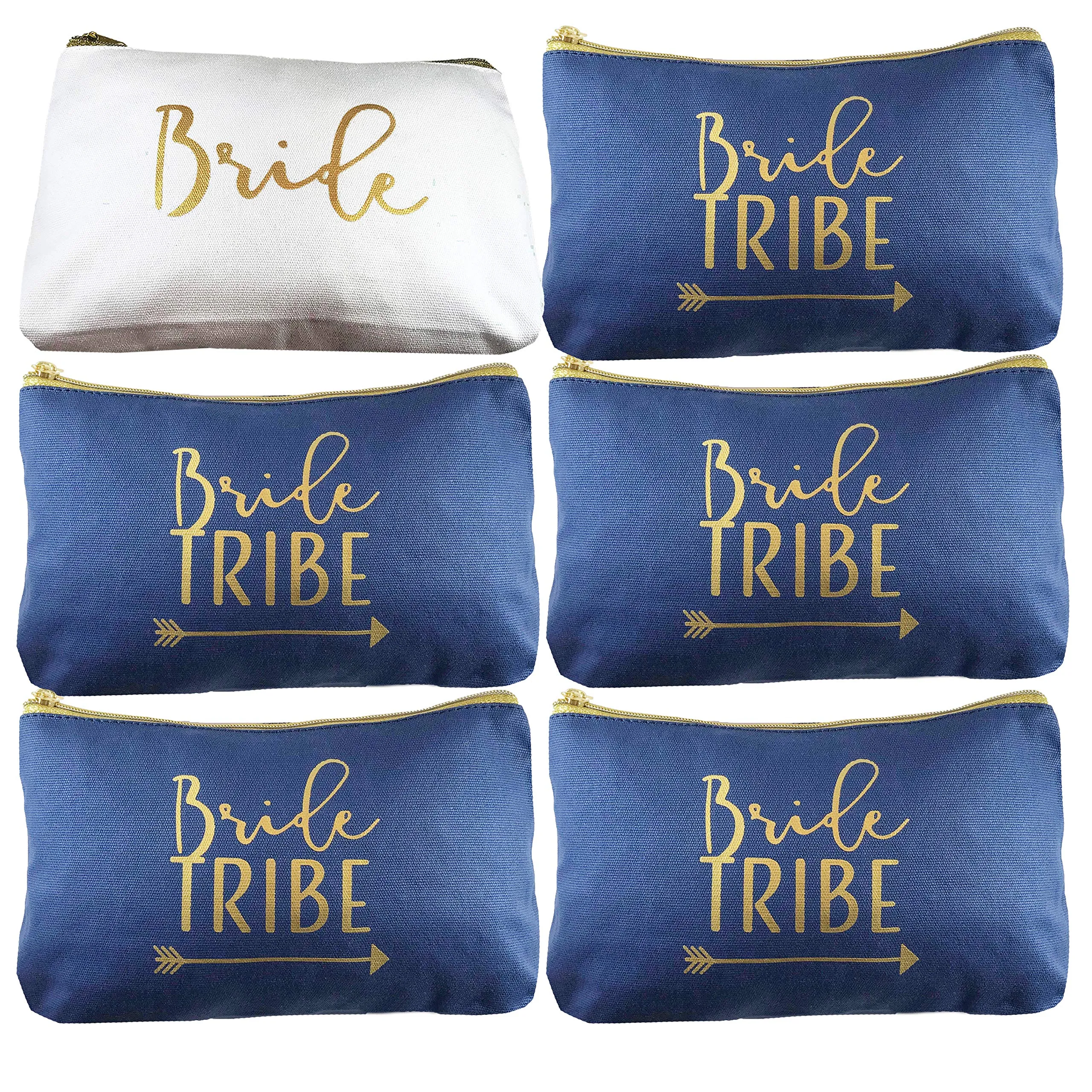 6 Piece Set | Navy Blue Bride Tribe Canvas Cosmetic Makeup Clutch Gifts Bag for Bridesmaid Proposal Box & Bridesmaids Bachelorette Party Favors 6 Count