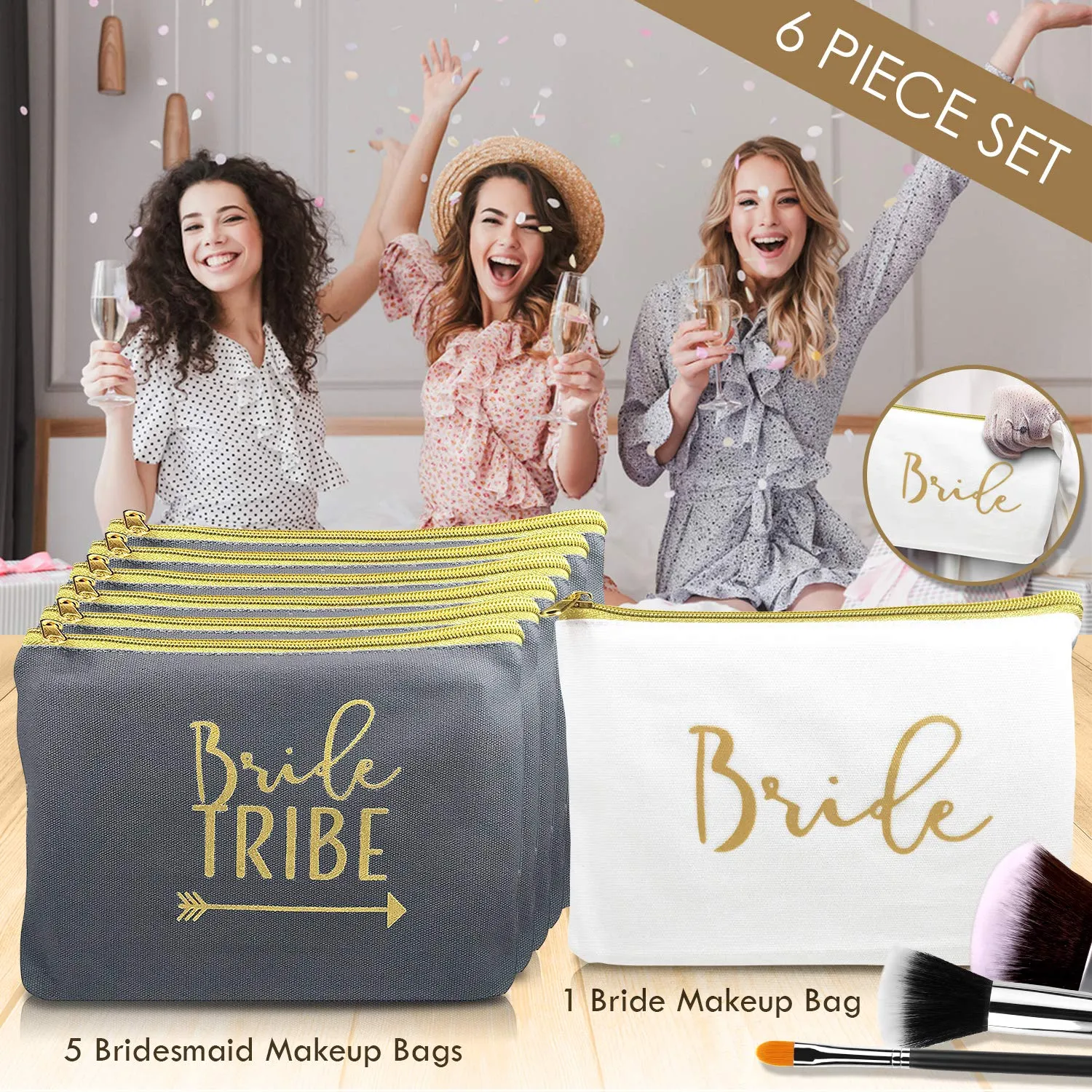 6 Piece Set | Navy Blue Bride Tribe Canvas Cosmetic Makeup Clutch Gifts Bag for Bridesmaid Proposal Box & Bridesmaids Bachelorette Party Favors 6 Count