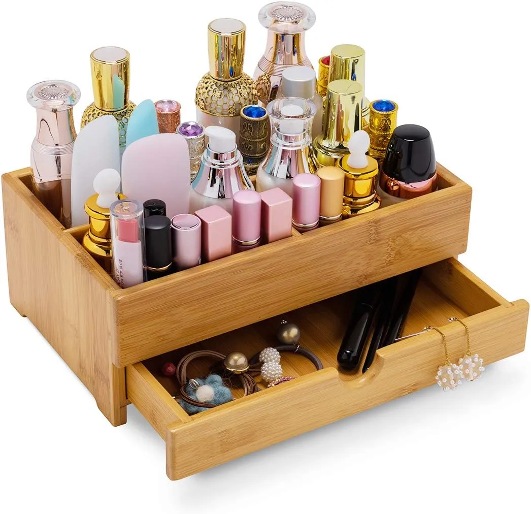 Bamboo Makeup Organizer - Cosmetic Skincare Storage Display Case for Bathroom Countertop Dresser and Vanity