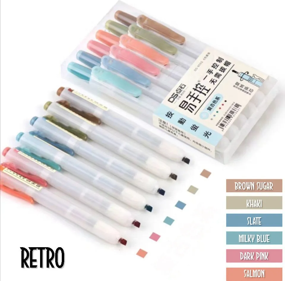 Dianshi RETRACTABLE SOFT Color  Highlighter Set Refillable Highlighter Set Eco Conscious Four Series Six Pen Set 24 Colors | DS-805S