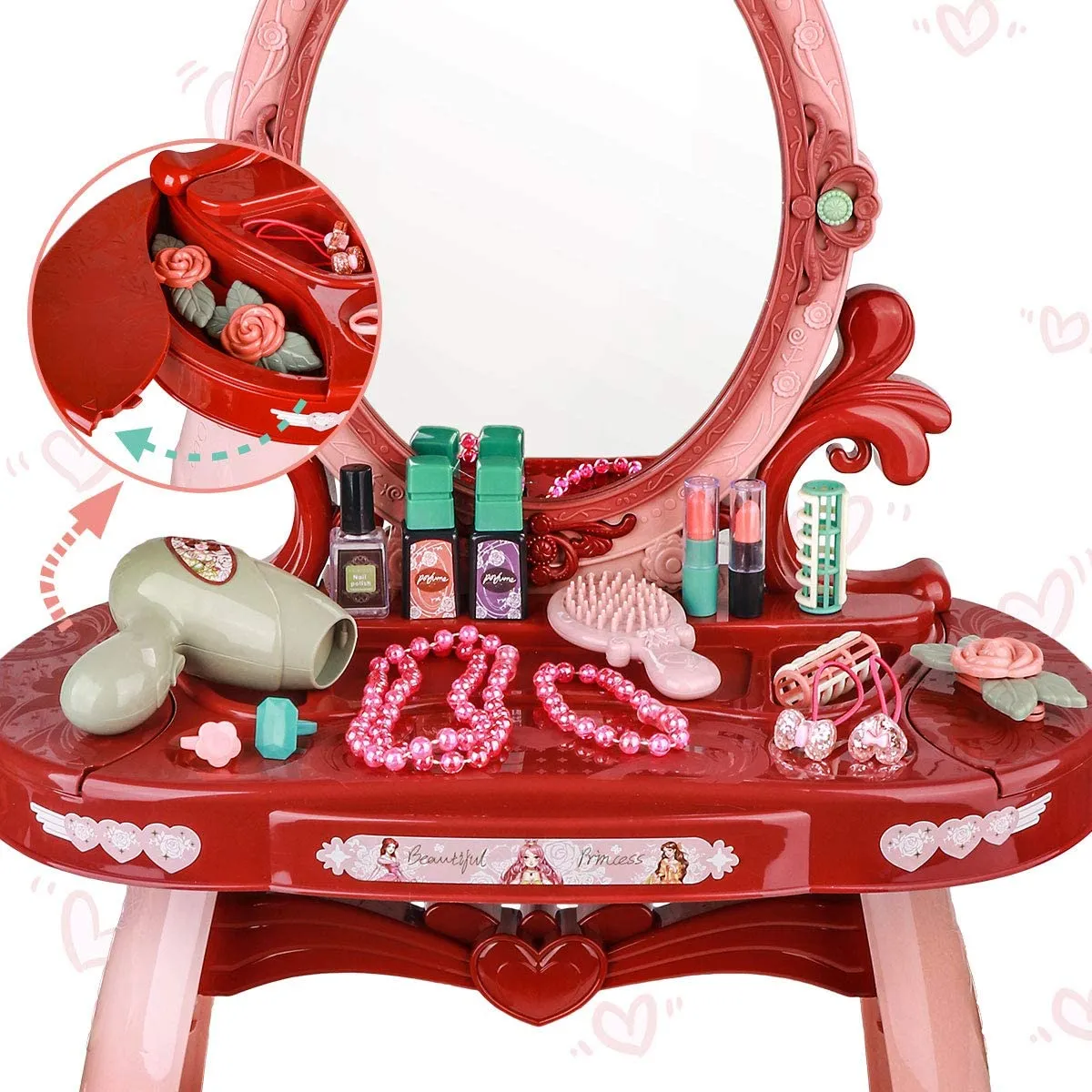 Girls Dressing Table Set with Sound and Light Mirror and Accessories (Pink)