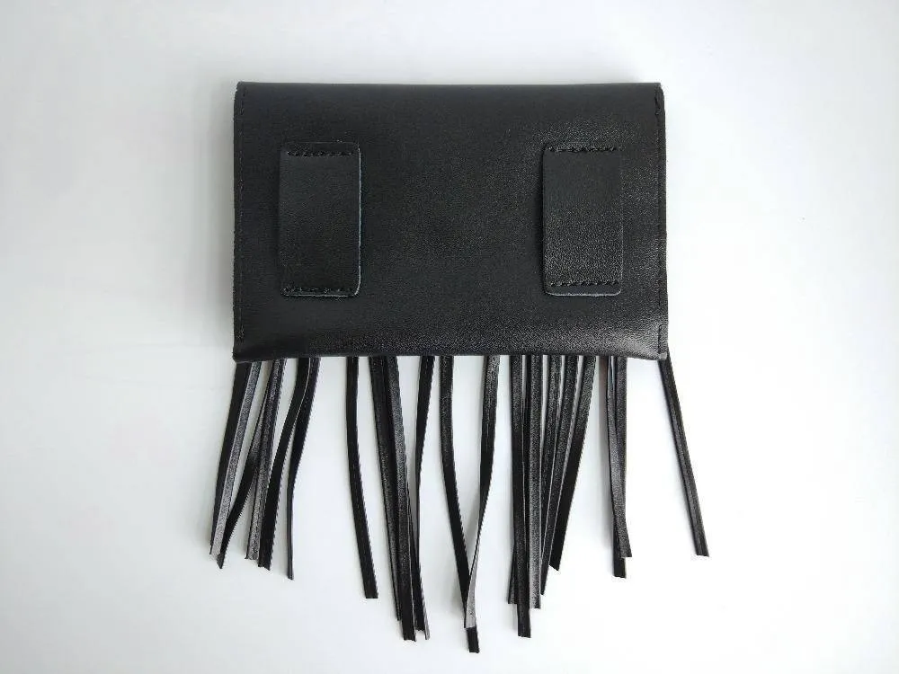 Phone holder, Genuine Leather cowhide Vintage long Tassel Waist bag, fringe fanny pack, clutch - black