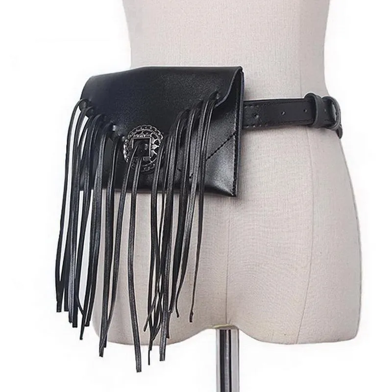 Phone holder, Genuine Leather cowhide Vintage long Tassel Waist bag, fringe fanny pack, clutch - black