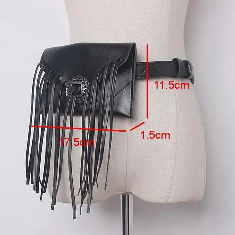 Phone holder, Genuine Leather cowhide Vintage long Tassel Waist bag, fringe fanny pack, clutch - black