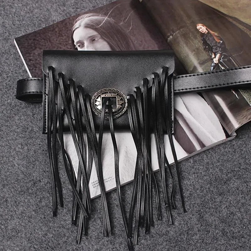 Phone holder, Genuine Leather cowhide Vintage long Tassel Waist bag, fringe fanny pack, clutch - black