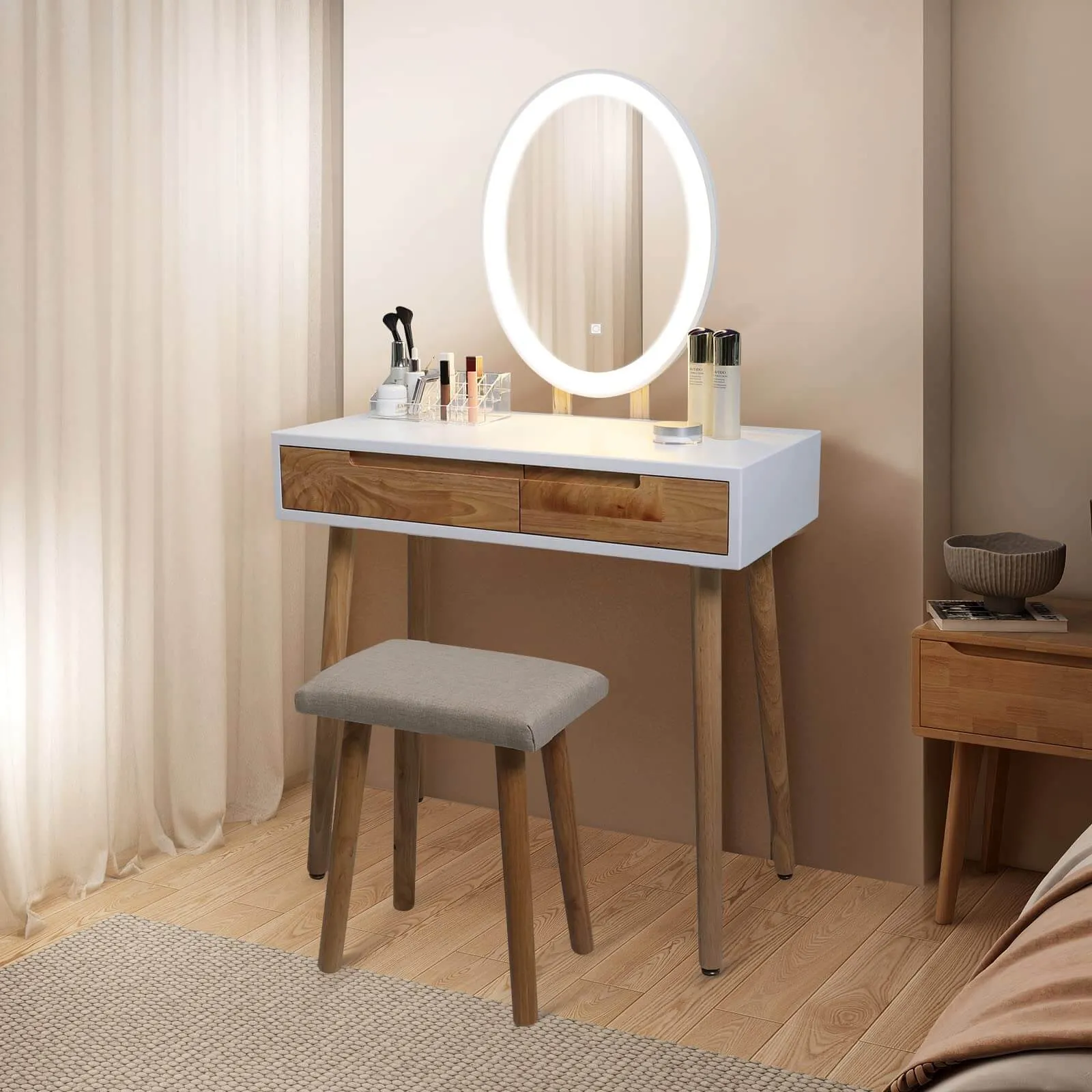 Vanity Makeup Table Set with Adjustable LED Mirror IF11213