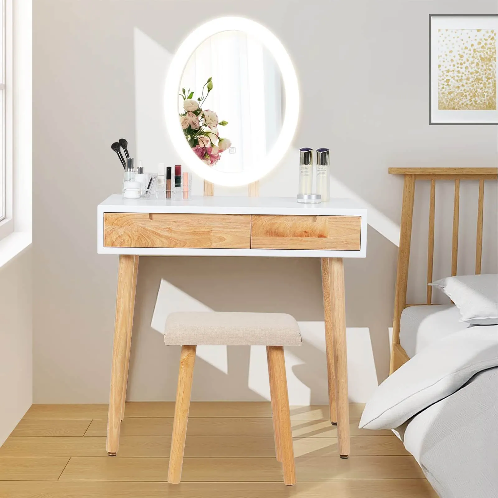 Vanity Makeup Table Set with Adjustable LED Mirror IF11213