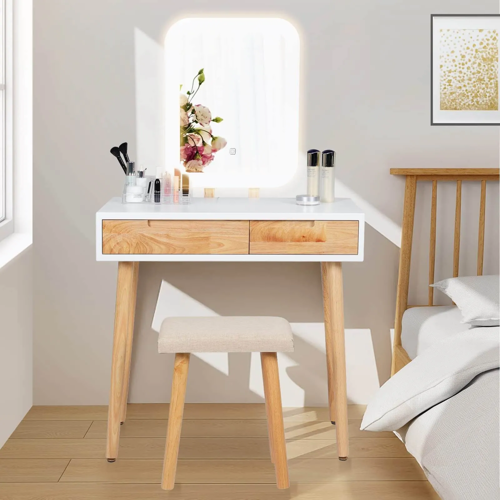 Vanity Makeup Table Set with Adjustable LED Mirror IF11213