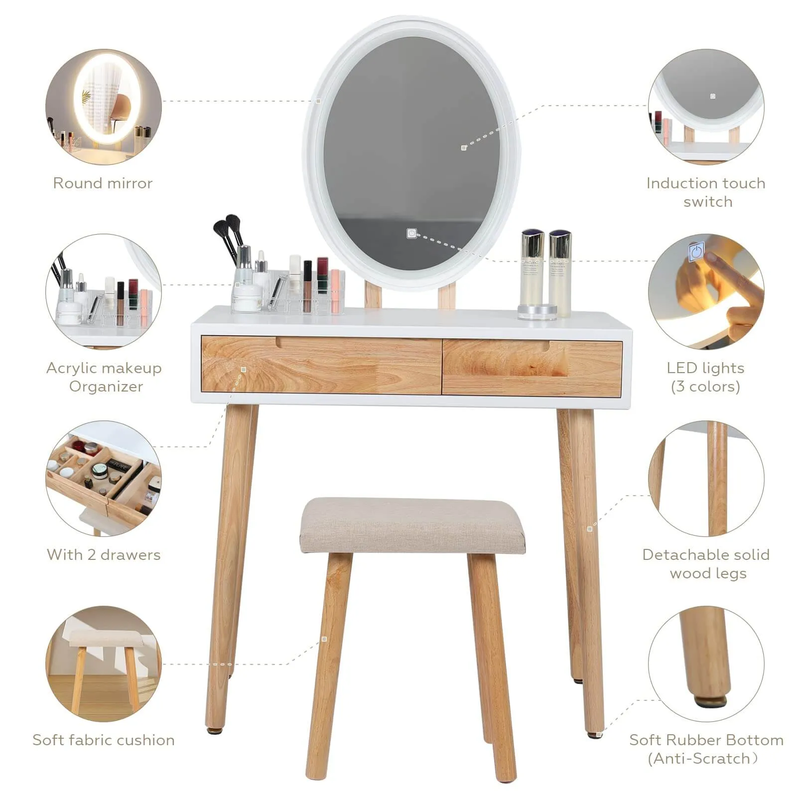 Vanity Makeup Table Set with Adjustable LED Mirror IF11213